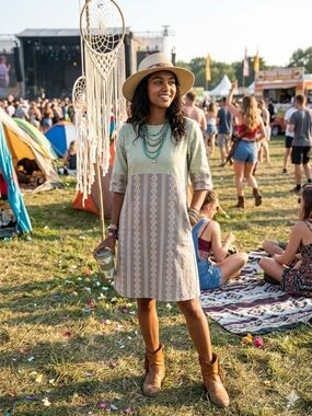 HIDDEN ALLEY Boho Linen Like Shift Dress in Olive and Taupe
